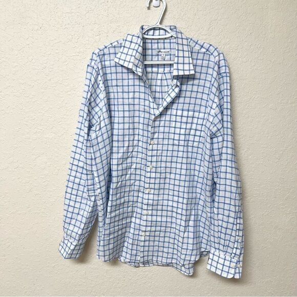 Peter Millar Mens Linen Blend Button Up Shirt Blue White Plaid Size XL - Picture 1 of 7